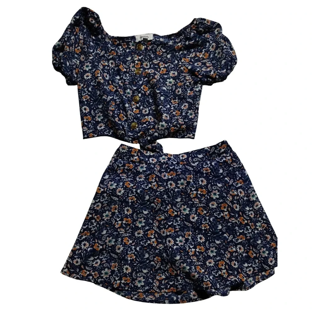 Speechless Girls 2pc‎ Blue Floral Matching Skirt Set Puff Sleeve Top Size12